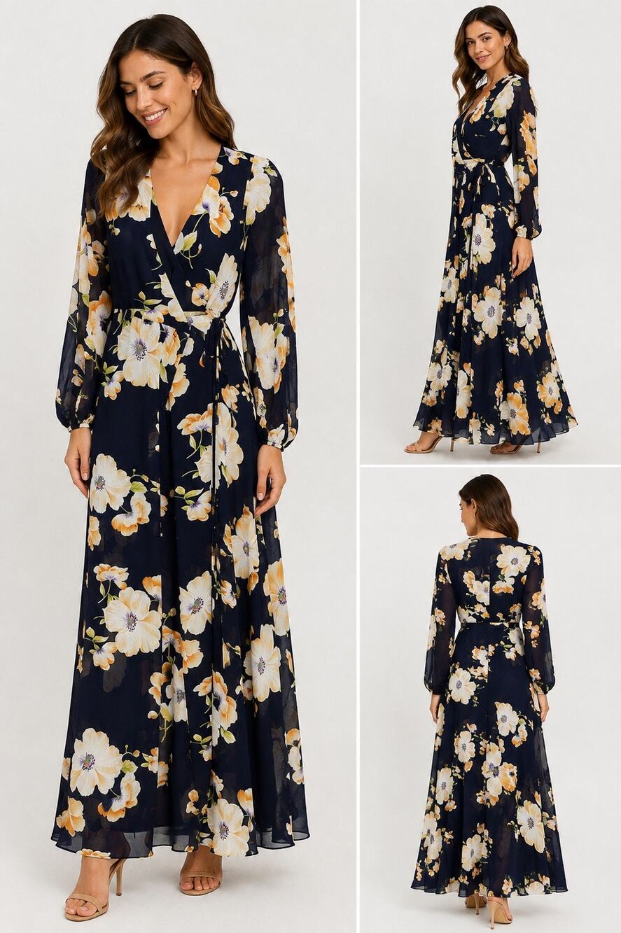 L’ATISTE Navy Floral Wrap Maxi Dress Small Long Sleeve Chiffon Wedding Guest